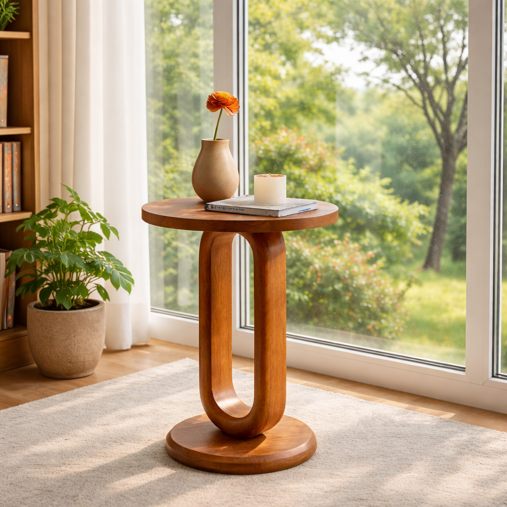 Oval Loop Solid Wood Side Table Round Top Pedestal for Living Room Decor