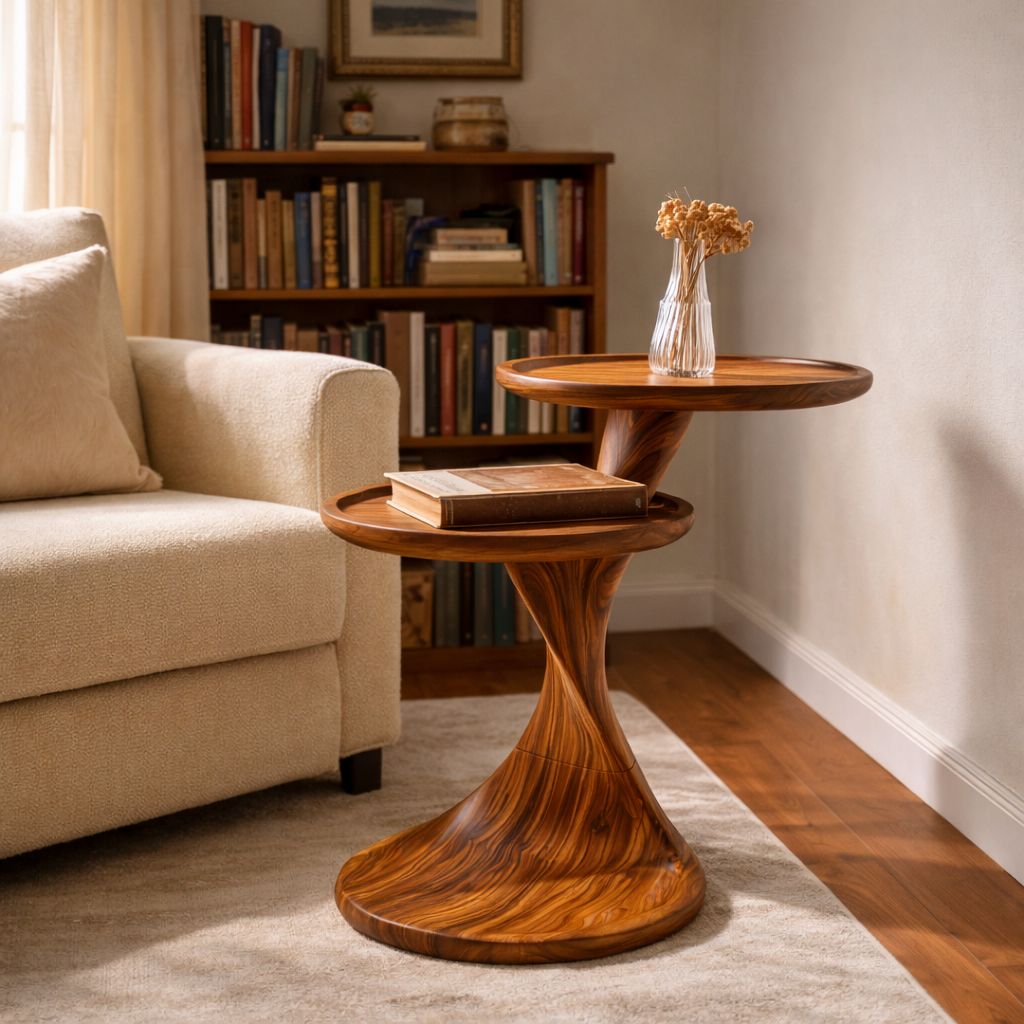 Two Tier Sculptural Solid Wood Side Table for Living Room and Reading Corner