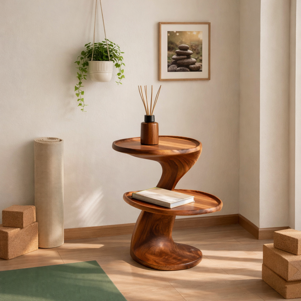 Two Tier Solid Wood Side Table for Living Room or Bedroom Sculptural Accent