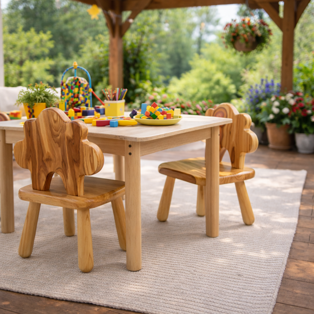 Solid Wood Kids Chair with Tree Shaped Backrest for Playroom or Learning Space