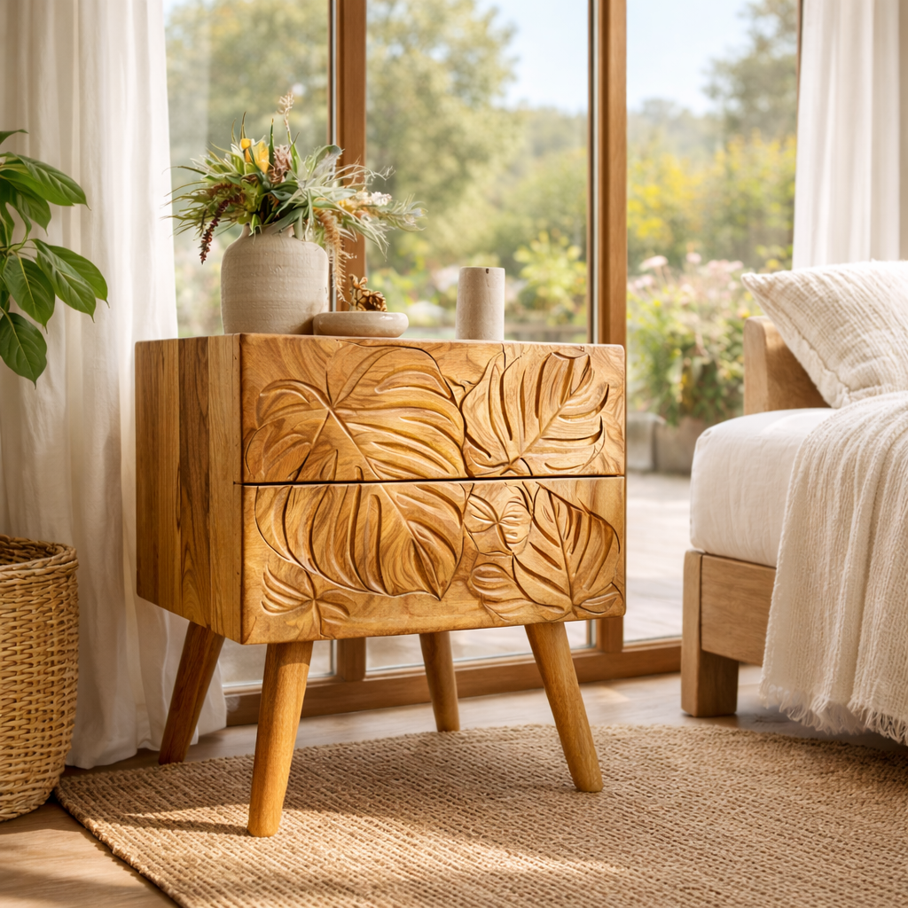 Handcrafted Solid Wood Nightstand with Tropical Leaf Carved Drawer Front