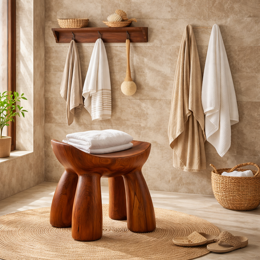 Hand Carved Solid Wood Shower Stool with Curved Sculptural Seat for Bathroom Spa or Bath Area