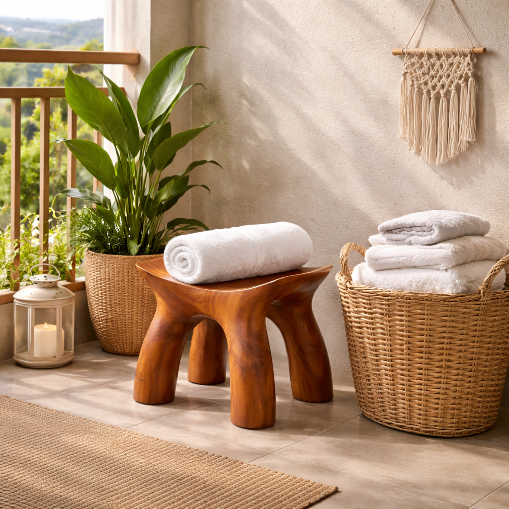 Organic Solid Wood Shower Stool with Curved Seat Design for Bathroom Spa or Bath Corner