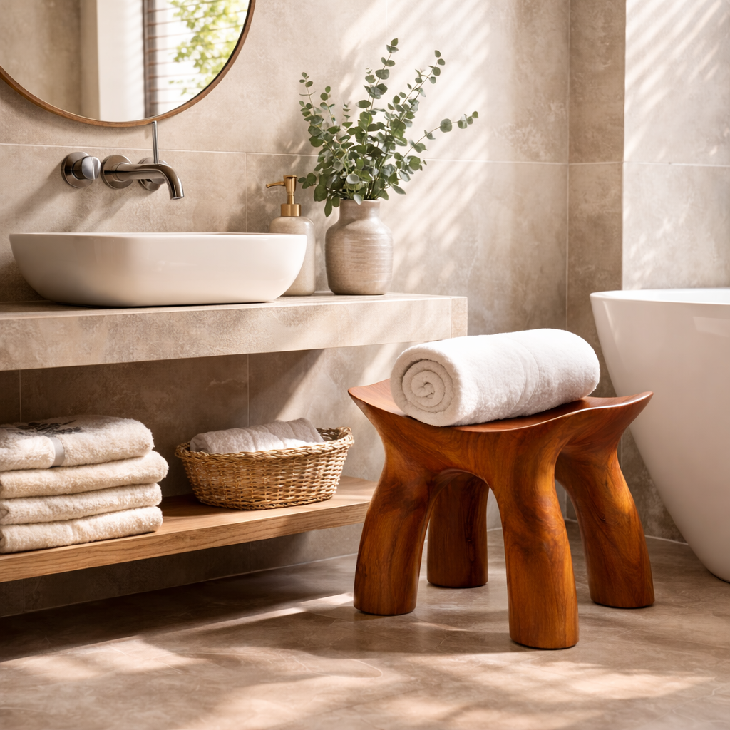 Organic Solid Wood Shower Stool with Curved Seat Design for Bathroom Spa or Bath Corner