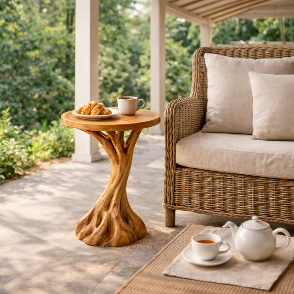 Organic Pedestal Solid Wood Side Table with Round Top for Living Room Decor