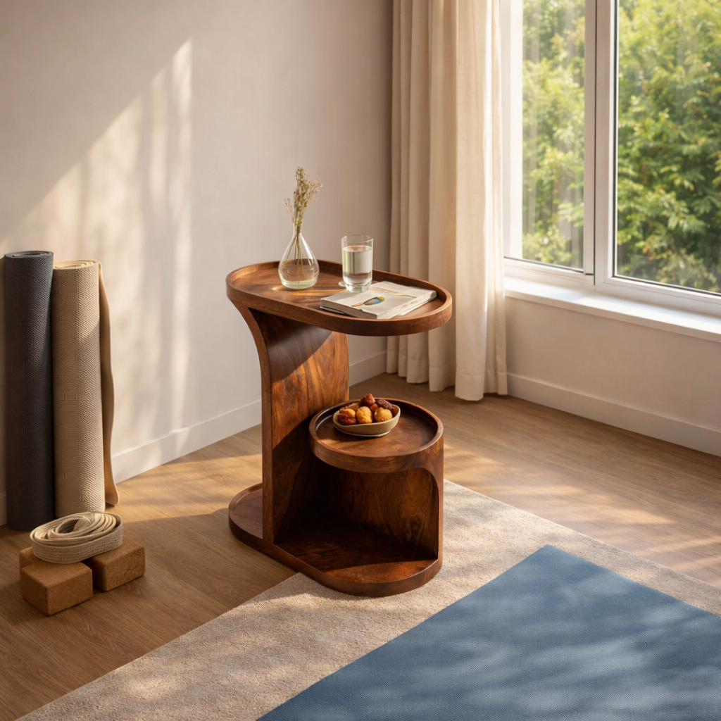 Two Level Tray Solid Wood Side Table with Lower Shelf for Living Room Decor