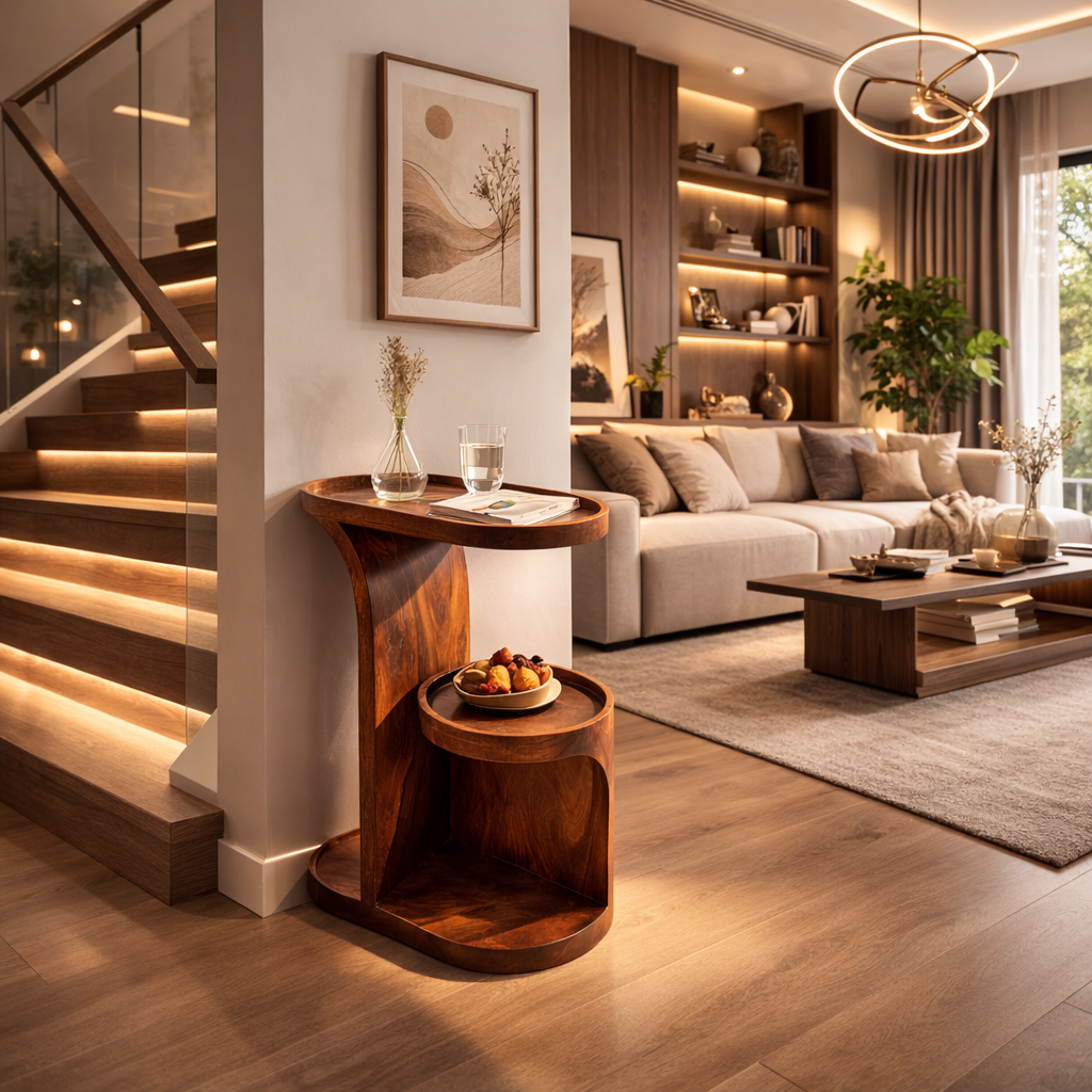 Two Level Tray Solid Wood Side Table with Lower Shelf for Living Room Decor