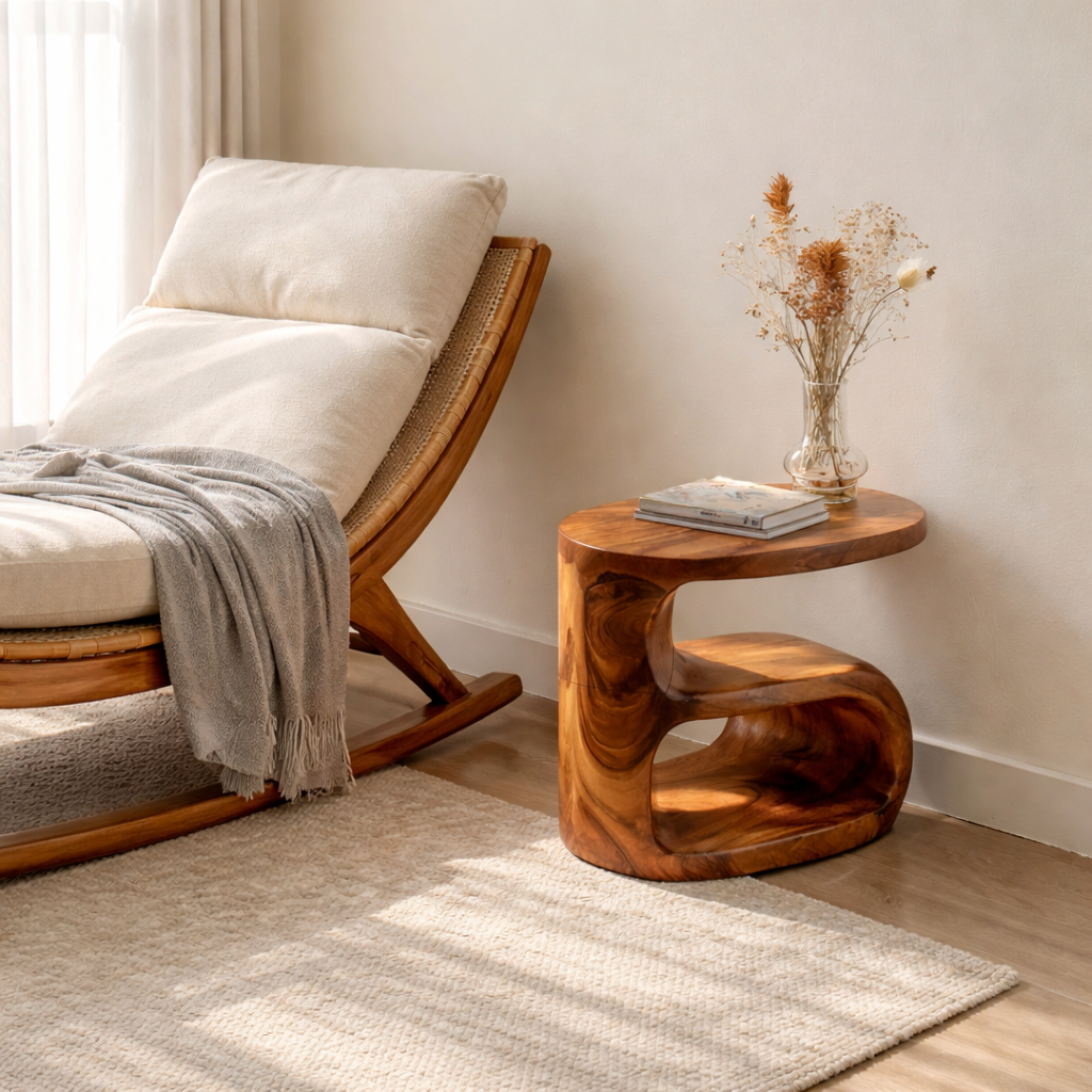 Solid Wood Sculptural Side Table for Sofa and Reading Corner