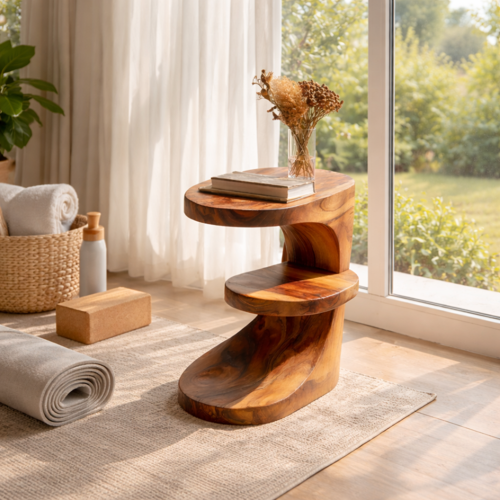 Sculptural Solid Wood Side Table for Living Room and Reading Nook