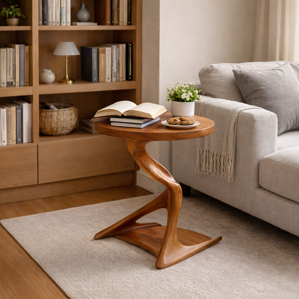 Twist Stem Solid Wood Side Table with Round Top for Living Room Decor