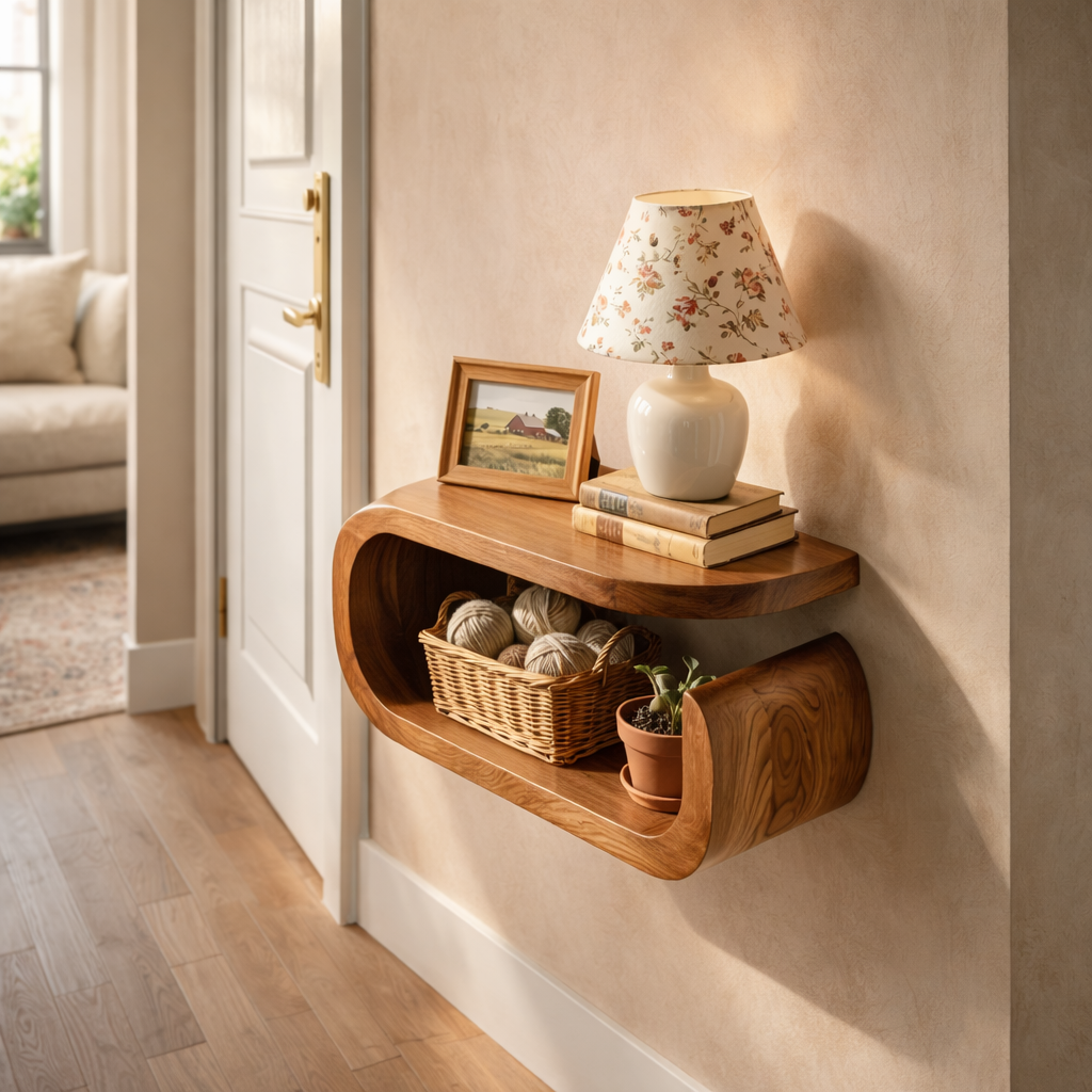 Handcrafted Solid Wood Floating Nightstand with Curved Open Storage for Bedroom