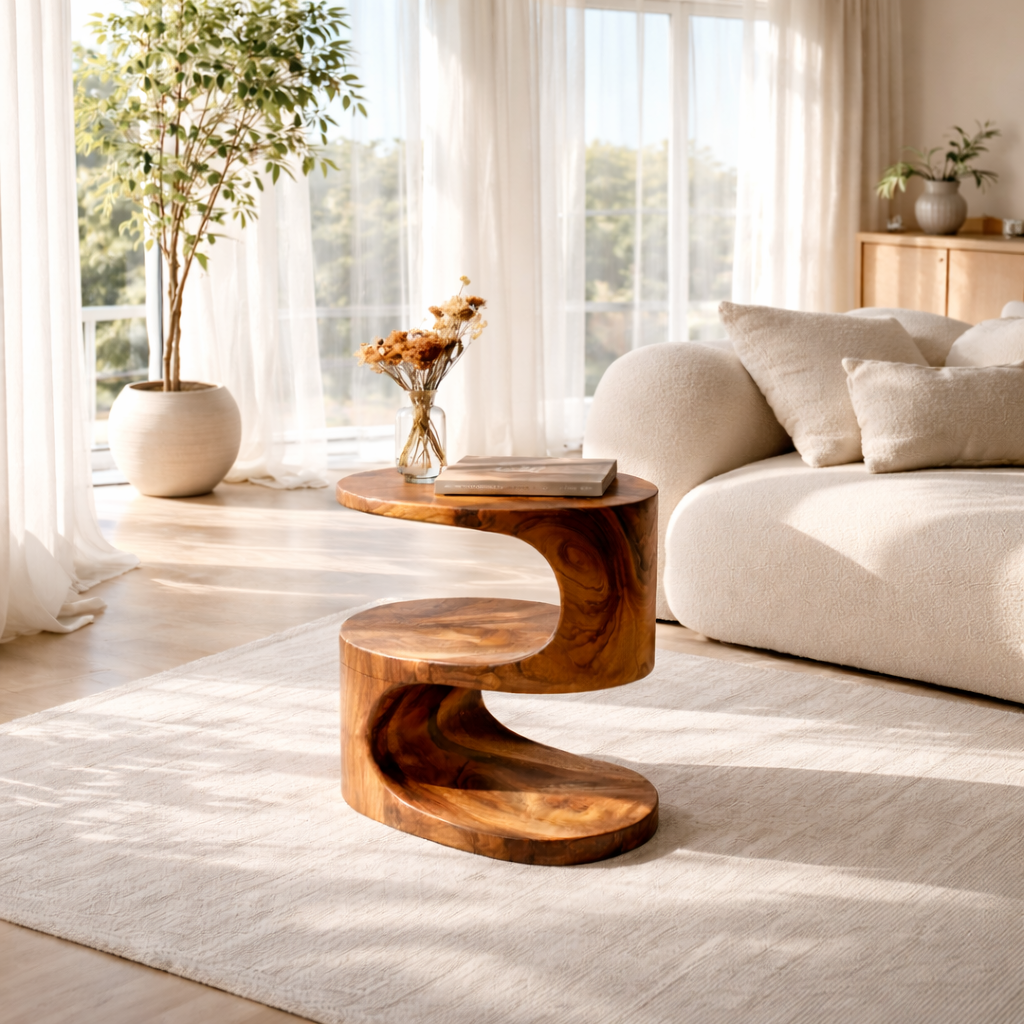 Curved Solid Wood Side Table Two Tier Organic Design for Living Room