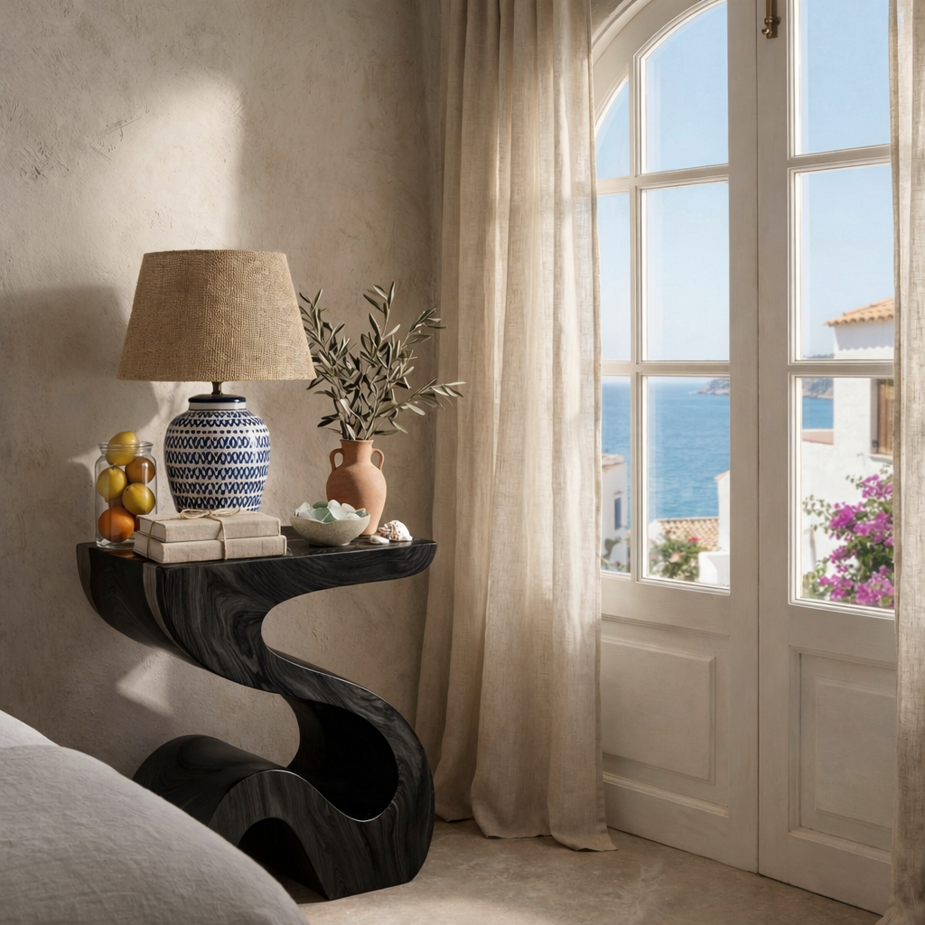 Handcrafted Solid Wood Bedside Table for Lamp with Sculptural Curved Base