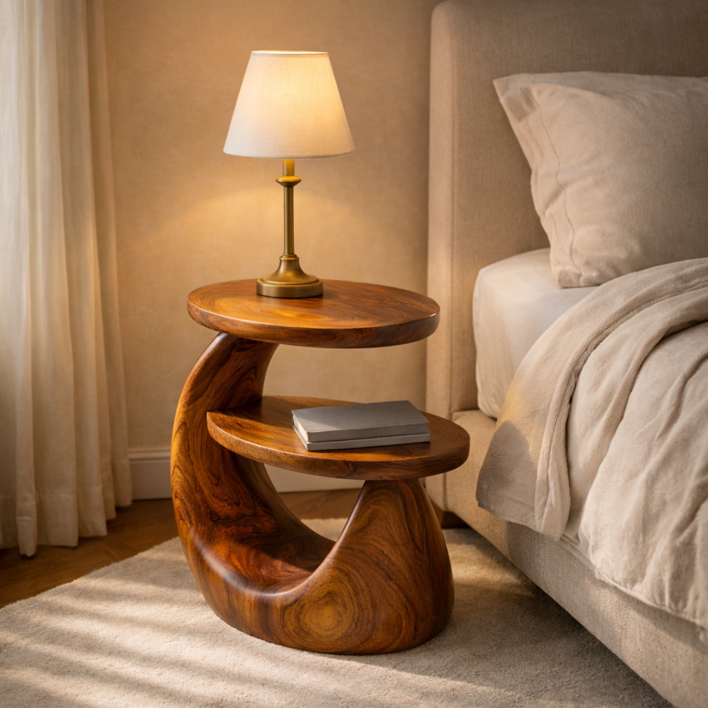 Sculptural Solid Wood Two Tier Side Table for Living Room