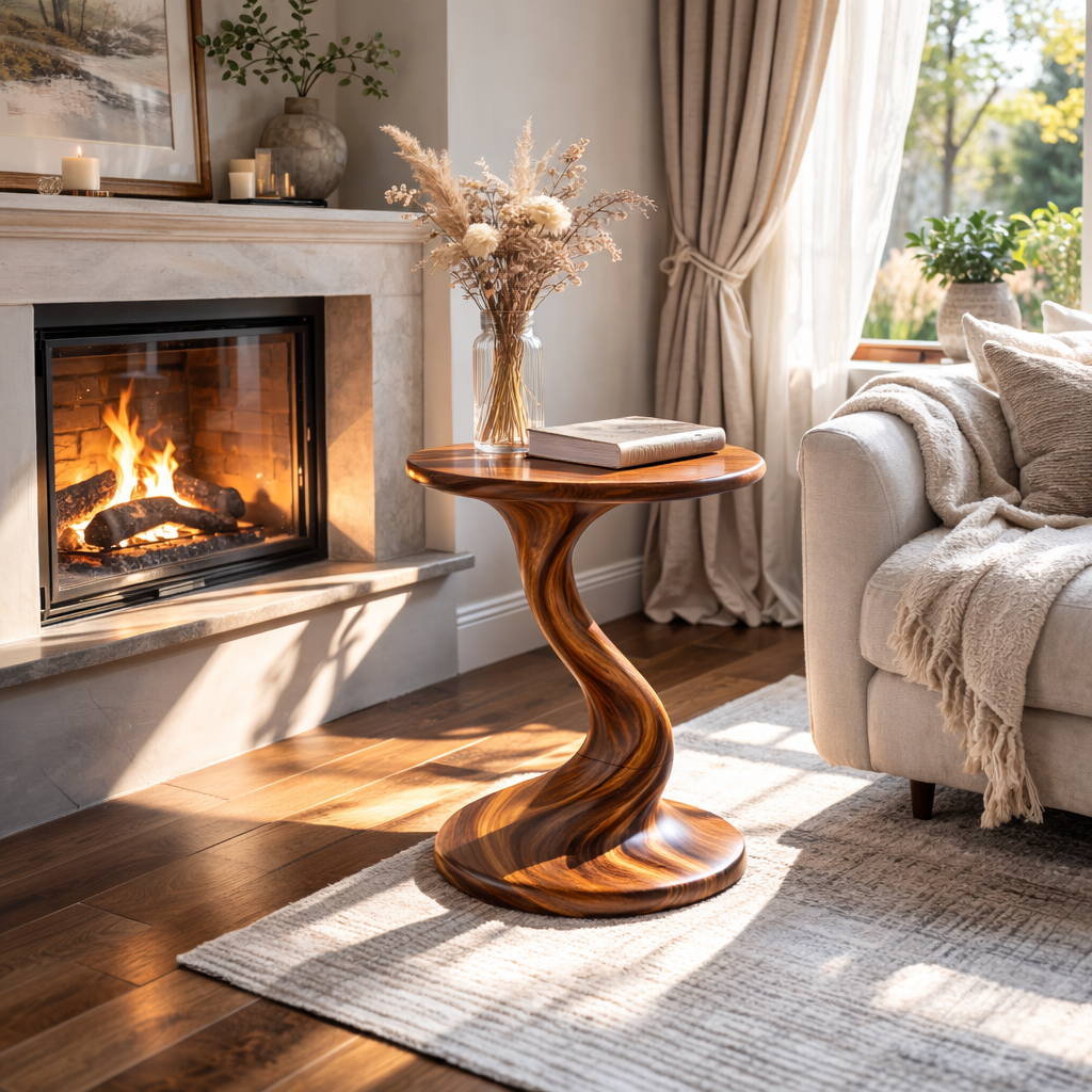 Solid Wood Sculptural Accent Table Organic Twist Design for Living Room Seating