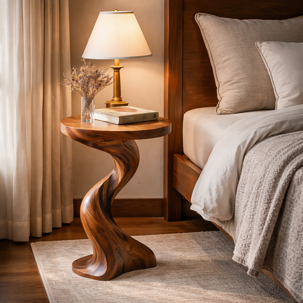 Solid Wood Twisted Side Table Modern Sculpted Accent Piece