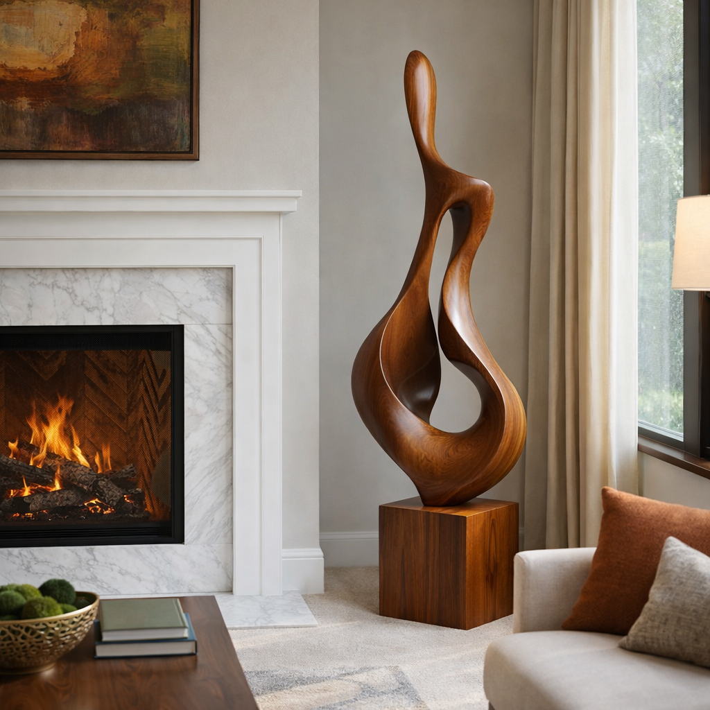 Tall Hand-Carved Organic Solid Wood Sculpture for Modern Interior Spaces