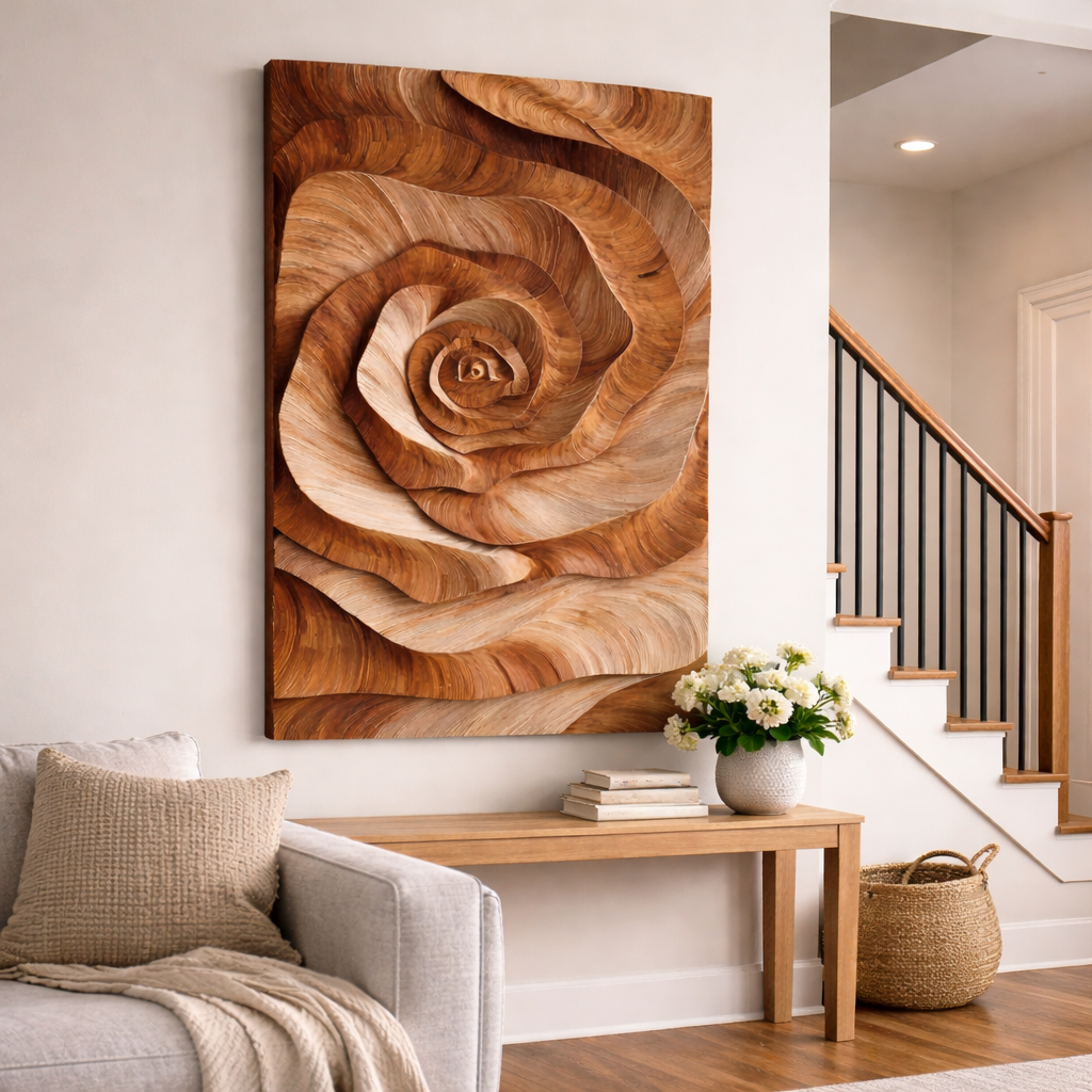 Solid Wood Carved Rose Wall Art for Interior Decor