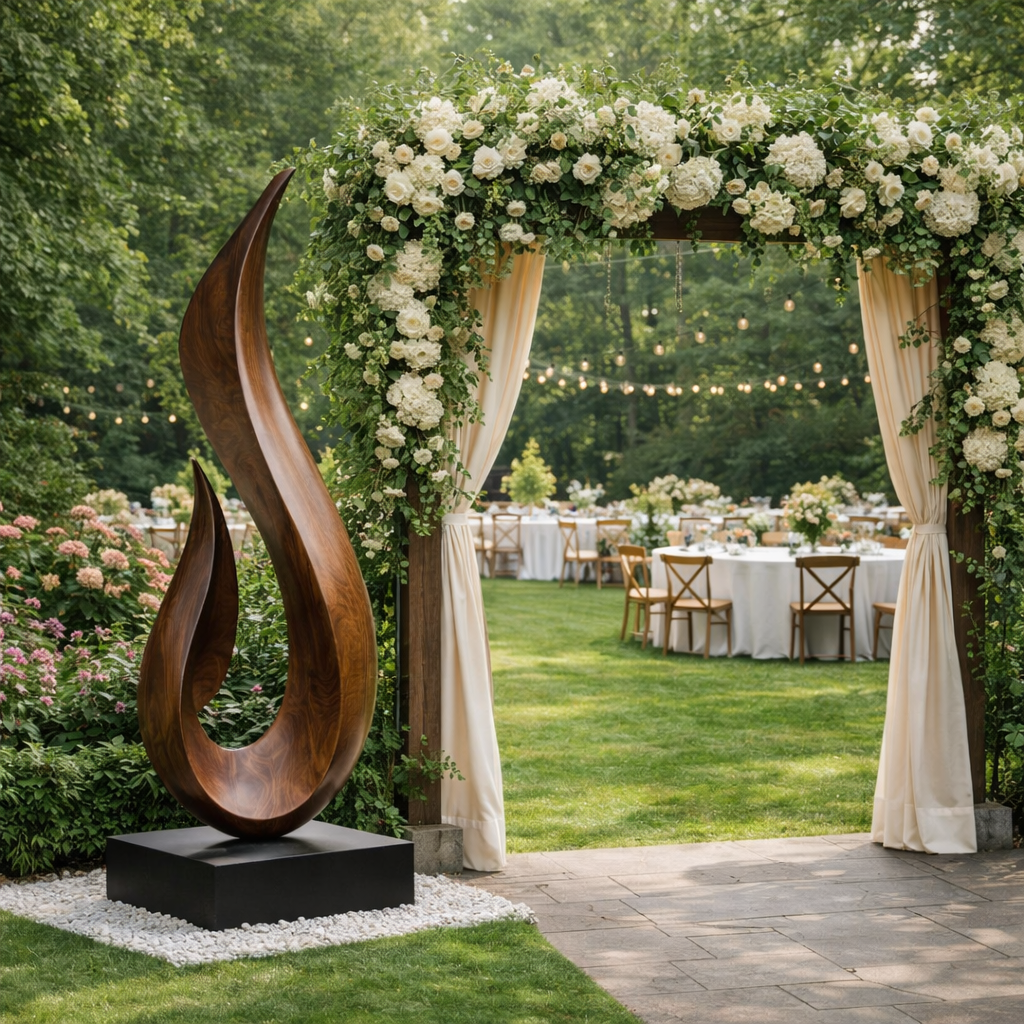 Tall Flame Form Solid Wood Garden Sculpture for Modern Outdoor Landscape