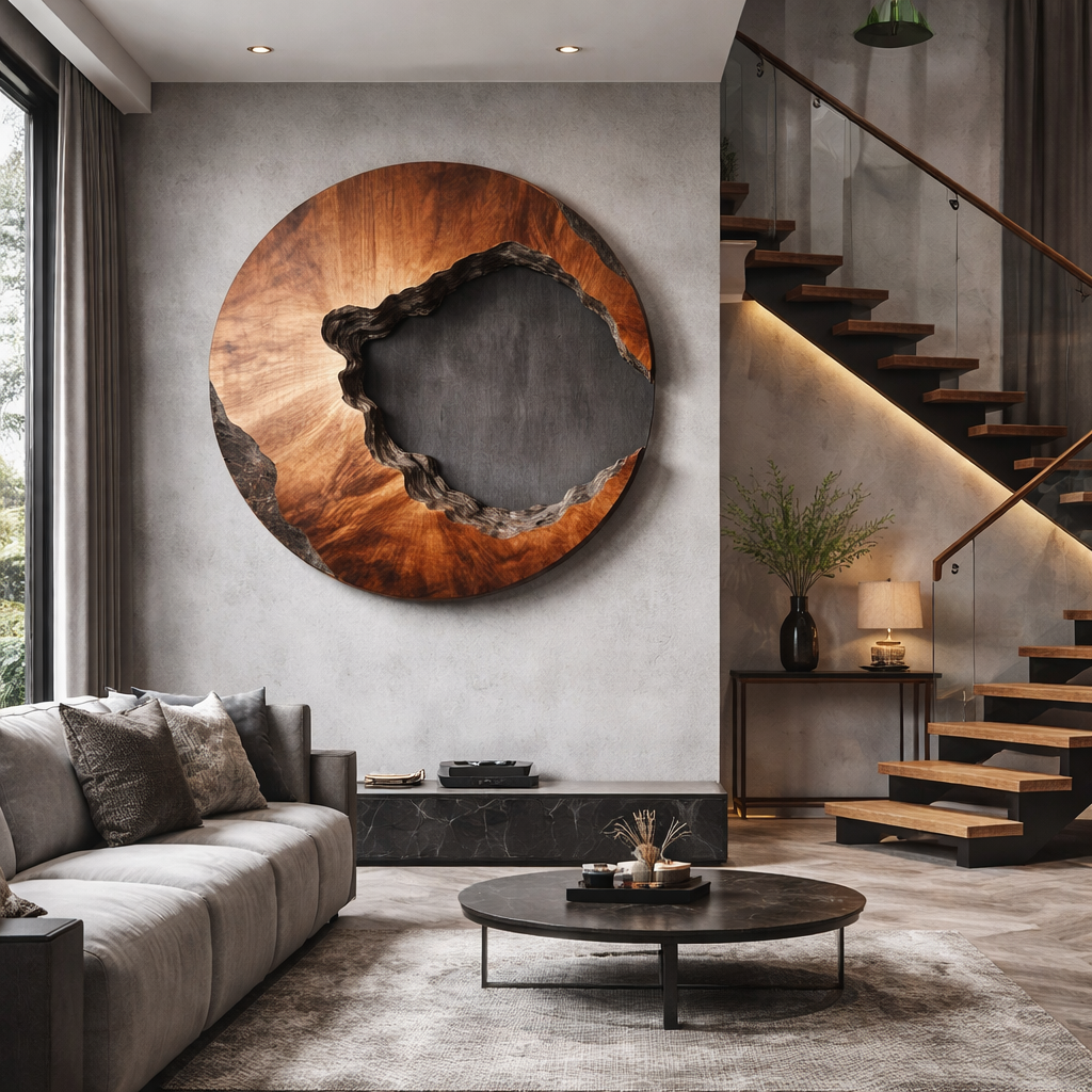Carved Crescent Solid Wood Wall Sculpture for Contemporary Interiors