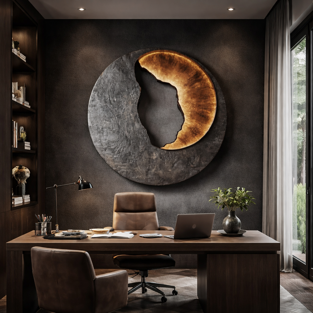 Solid Wood Wall Sculpture with Dark Textured Relief for Living Room Interiors
