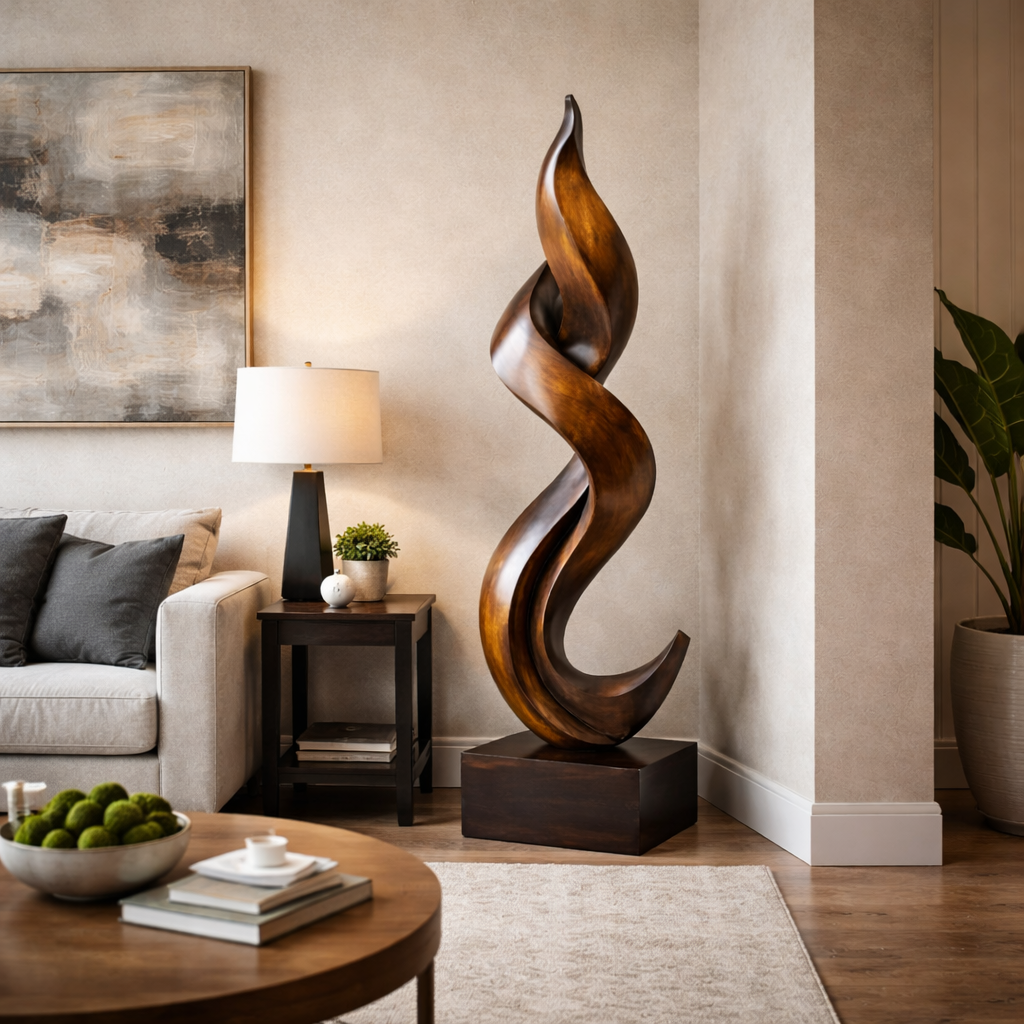 Solid Wood Twisting Flame Sculpture for Modern Interior Display
