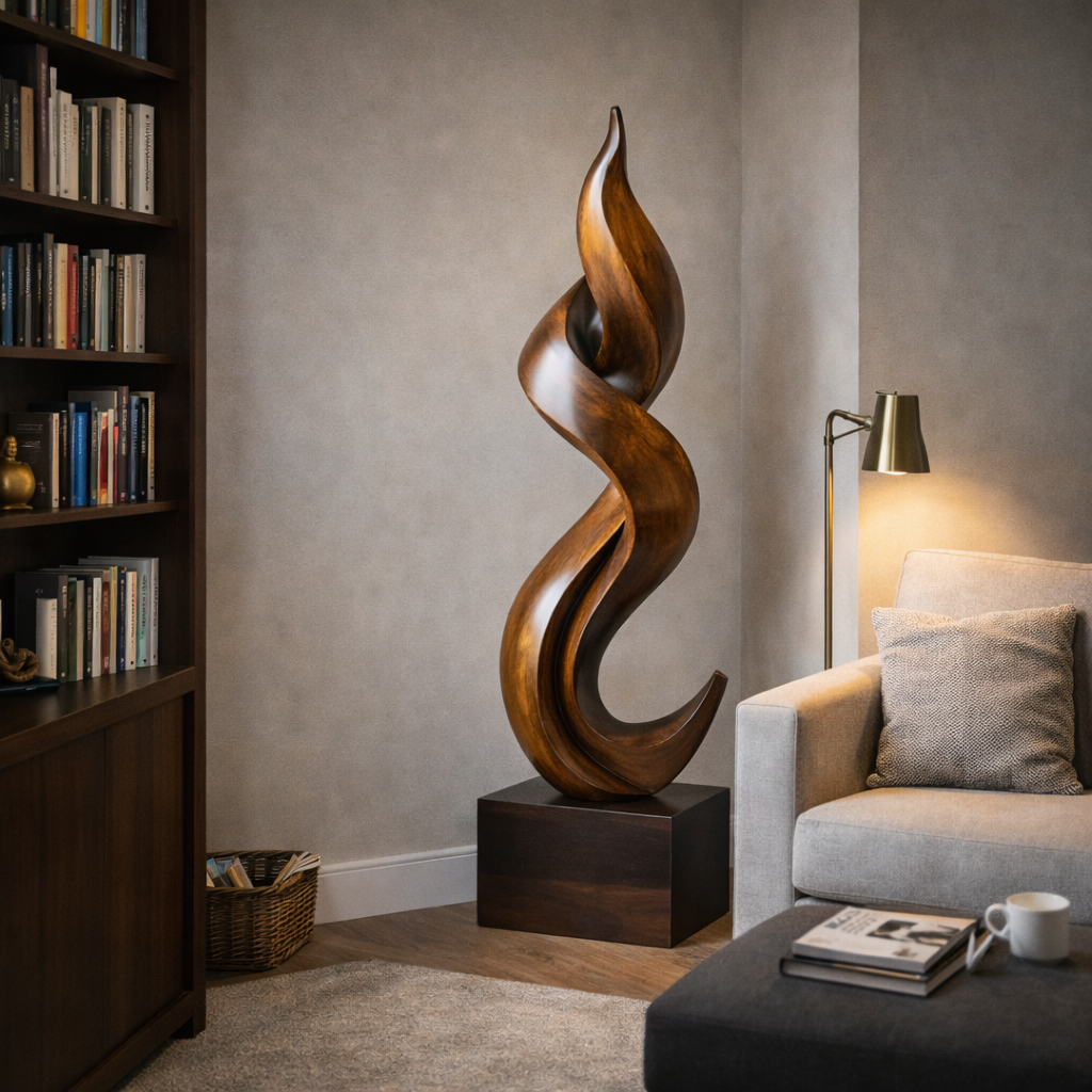Solid Wood Twisting Flame Sculpture for Modern Interior Display