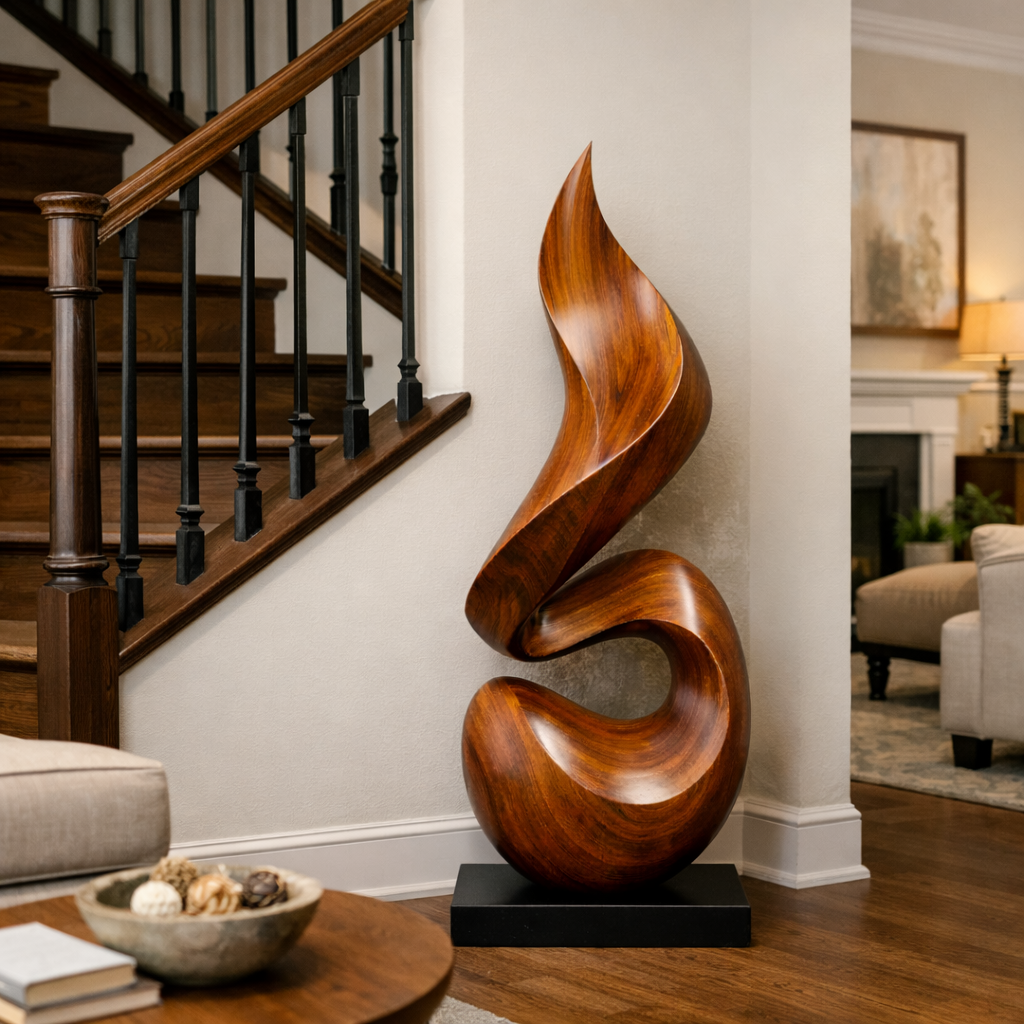 Hand Carved Solid Wood Abstract Sculpture for Garden and Interior Spaces