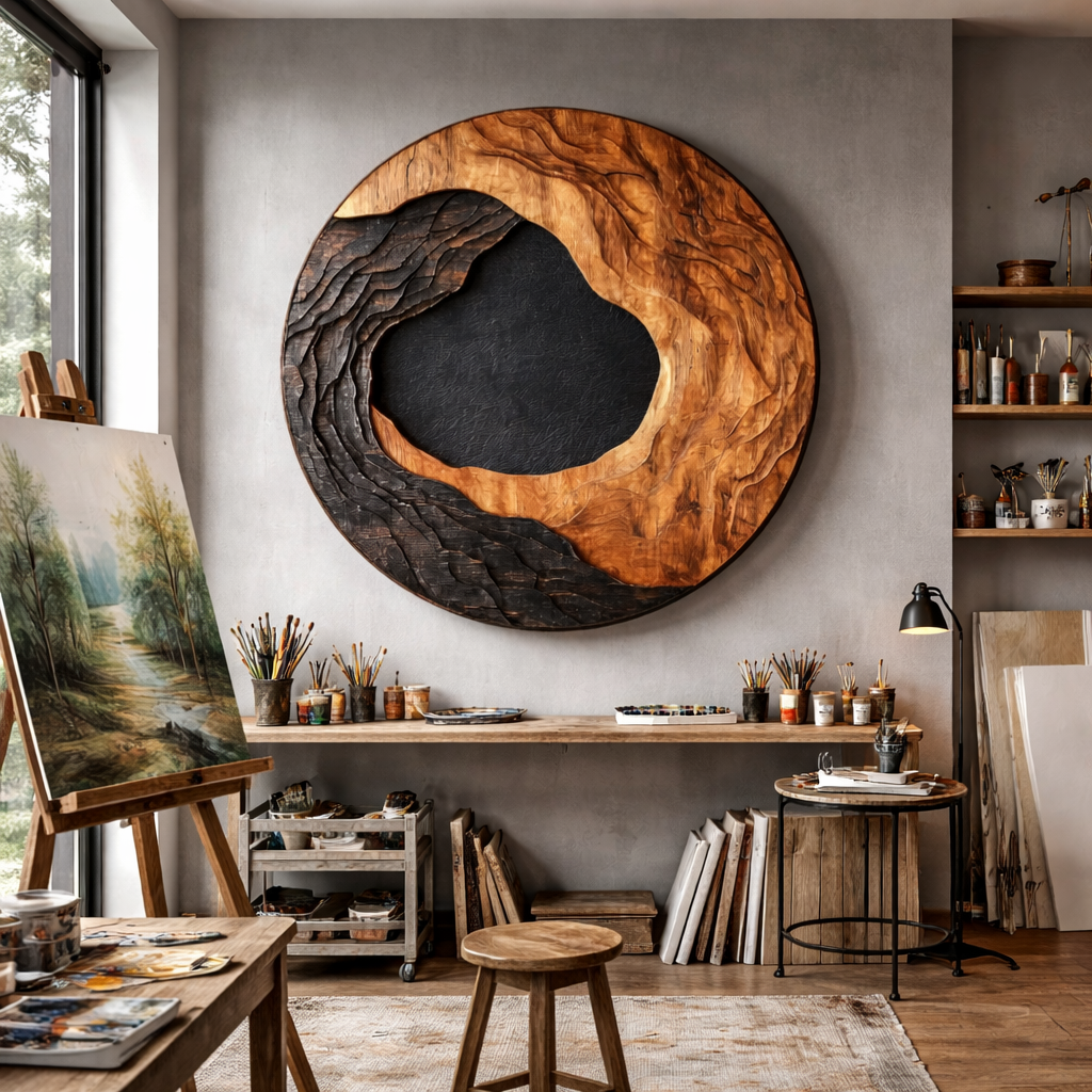 Large Round Solid Wood Wall Art Sculpture for Living Room