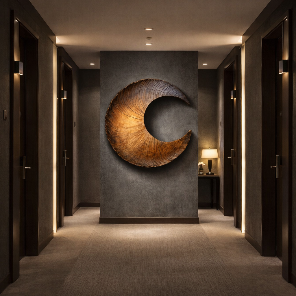 Abstract Solid Wood Crescent Wall Sculpture for Contemporary Interior Spaces