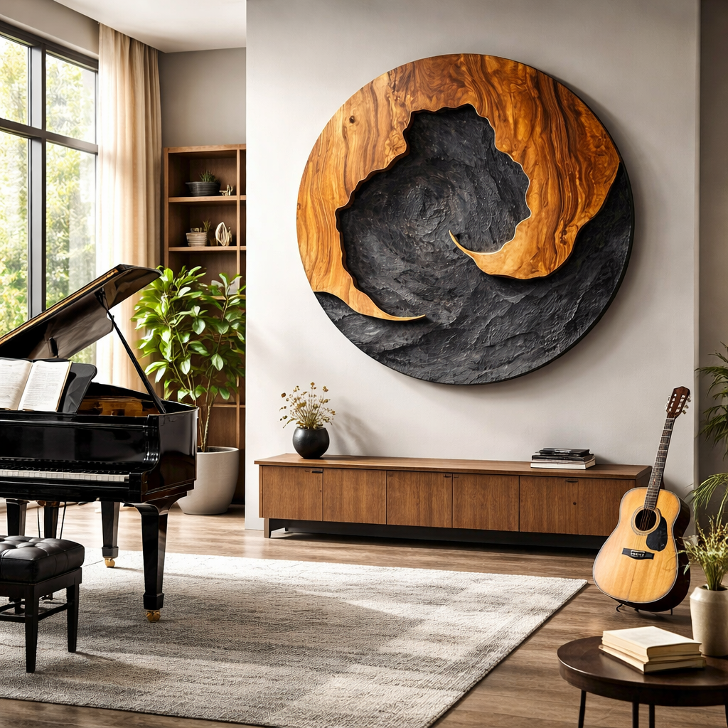 Large Circular Solid Wood Wall Sculpture for Contemporary Living Rooms