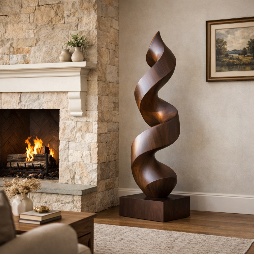 Handcrafted Solid Wood Spiral Garden Sculpture for Outdoor and Indoor Display