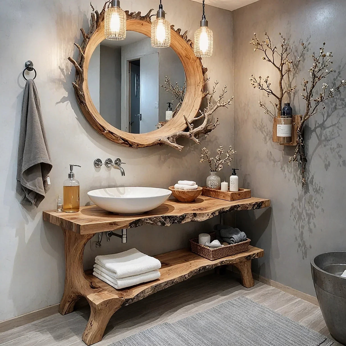 Solid Wood Live Edge Console with Open Shelf for Spa Bath
