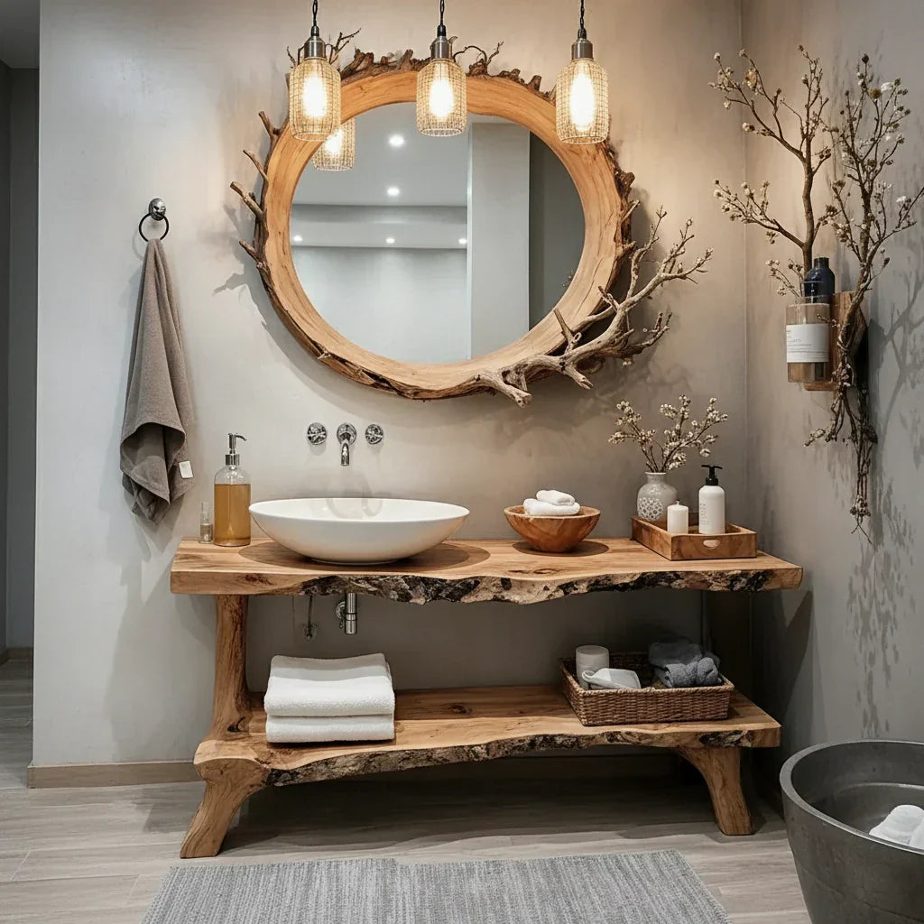 Solid Wood Live Edge Console with Open Shelf for Spa Bath