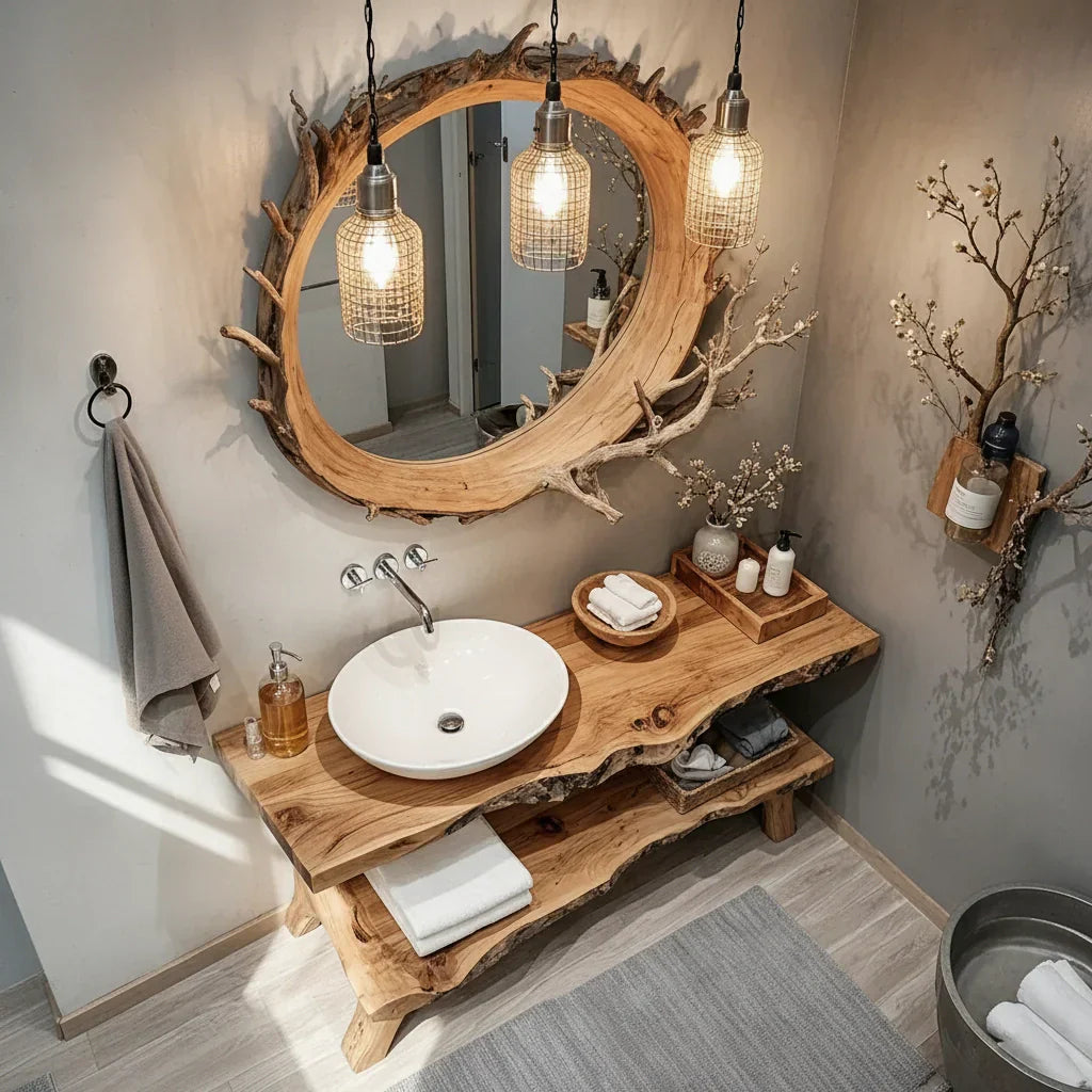 Solid Wood Live Edge Console with Open Shelf for Spa Bath