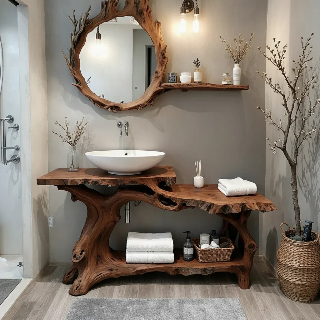 Live Edge Solid Wood Vanity with Branch-Style Base and Open Shelf