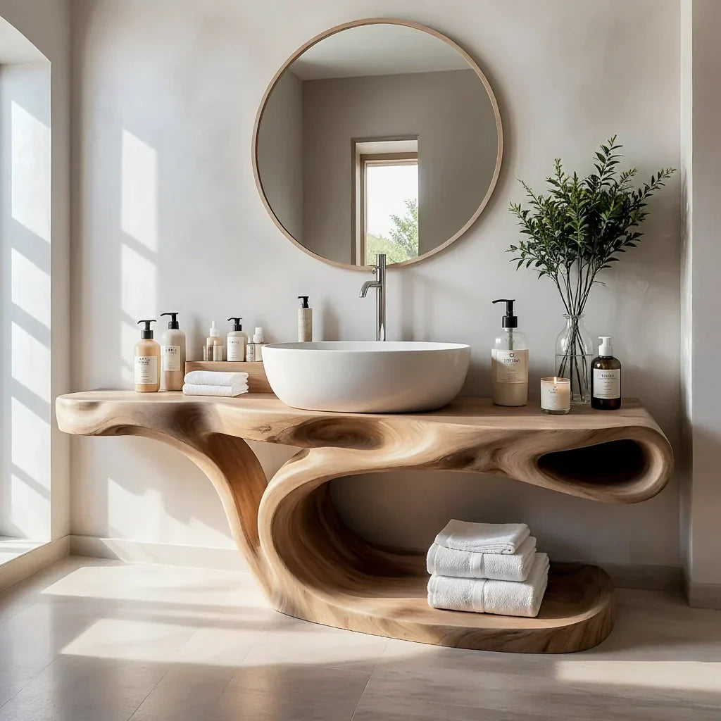 Sculptural Solid Wood Bathroom Vanity with Open Shelf