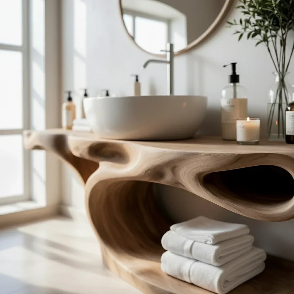 Sculptural Solid Wood Bathroom Vanity with Open Shelf