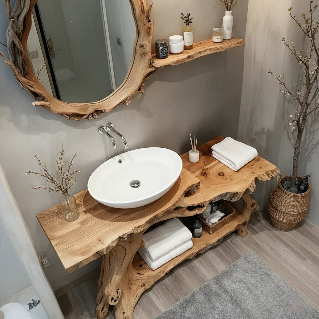 Live Edge Solid Wood Vanity with Branch-Style Base and Open Shelf
