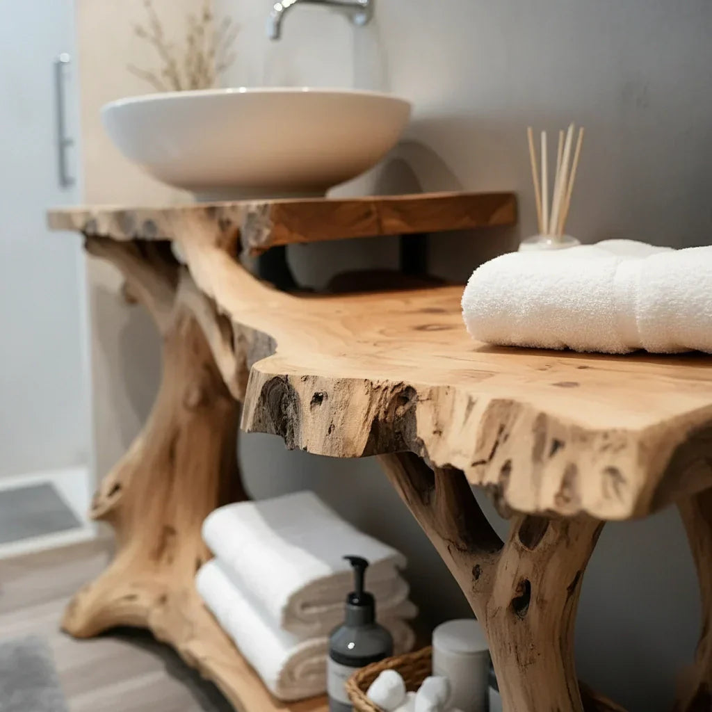 Live Edge Solid Wood Vanity with Branch-Style Base and Open Shelf