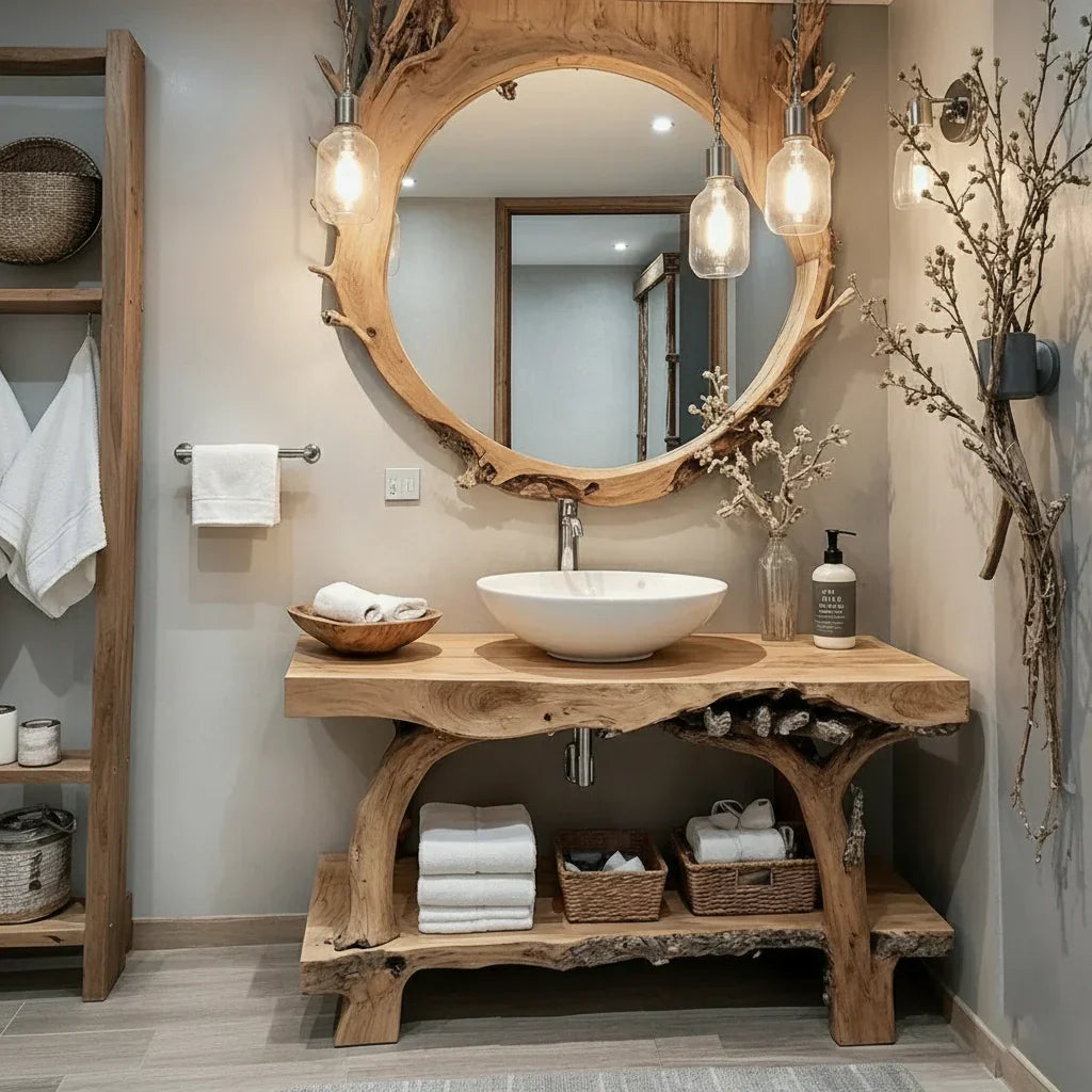 Live Edge Solid Wood Vanity Console with Root-Style Base