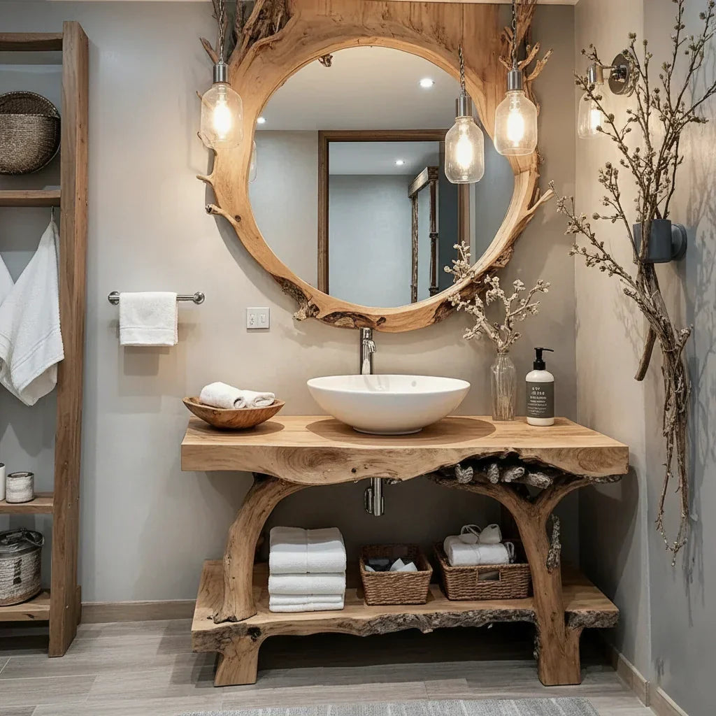 Live Edge Solid Wood Vanity Console with Root-Style Base