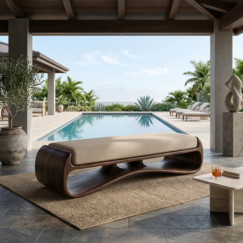 Sculptural Solid Wood Bench with Flowing Open Base for Living Space