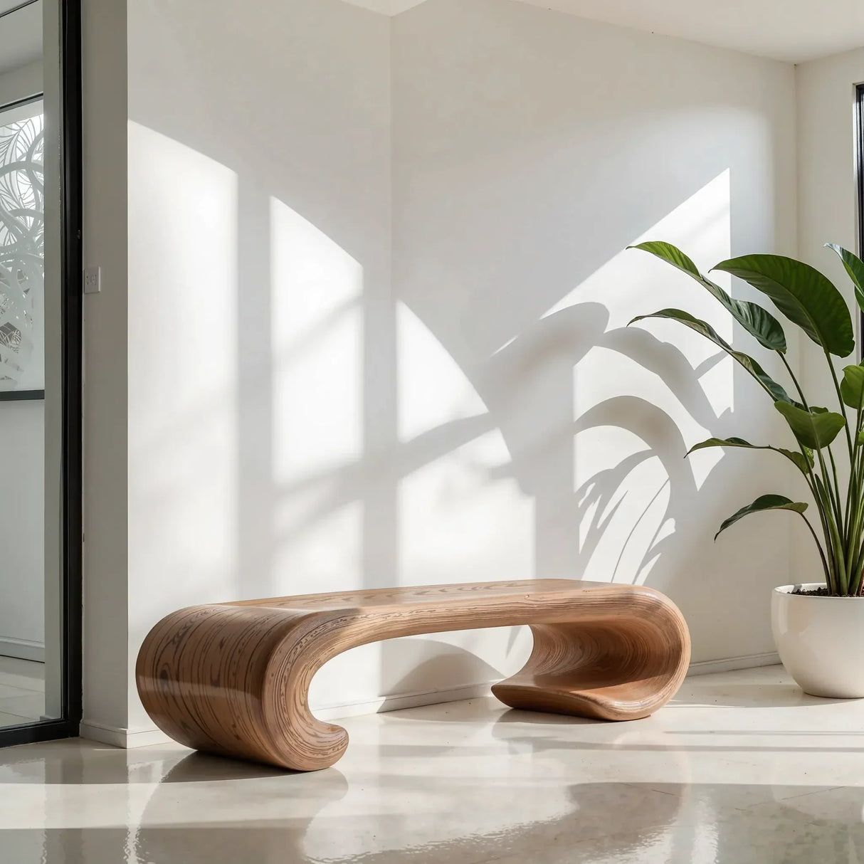 Curved Solid Wood Bench with Sculpted Arch Base for Minimalist Homes