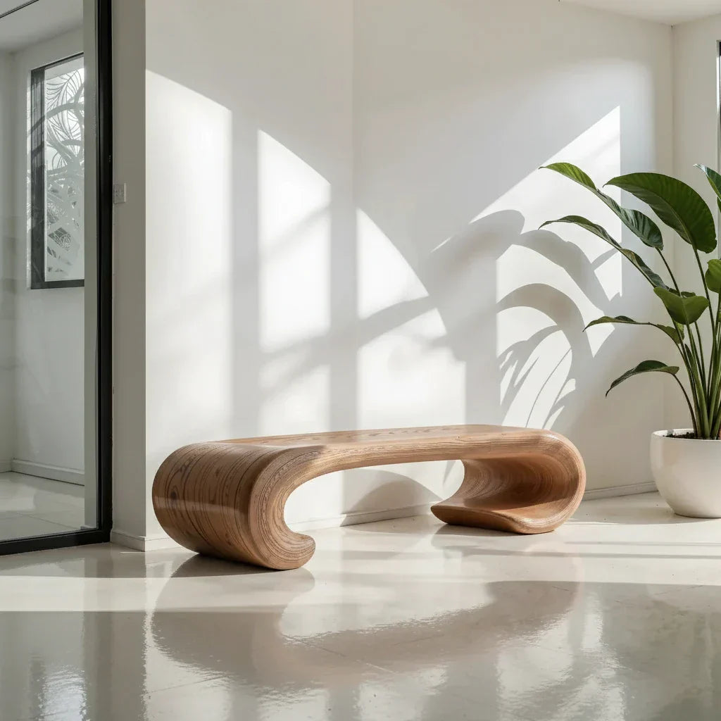 Curved Solid Wood Bench with Sculpted Arch Base for Minimalist Homes