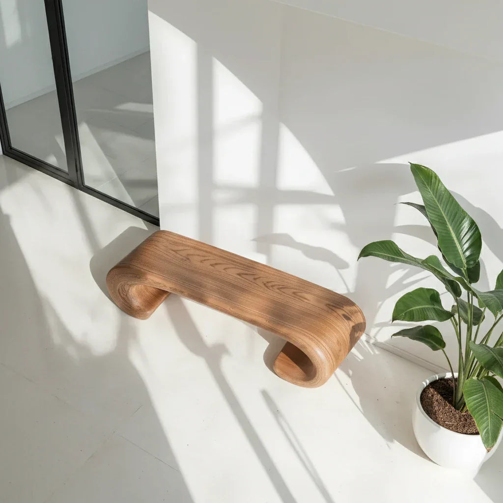 Curved Solid Wood Bench with Sculpted Arch Base for Minimalist Homes