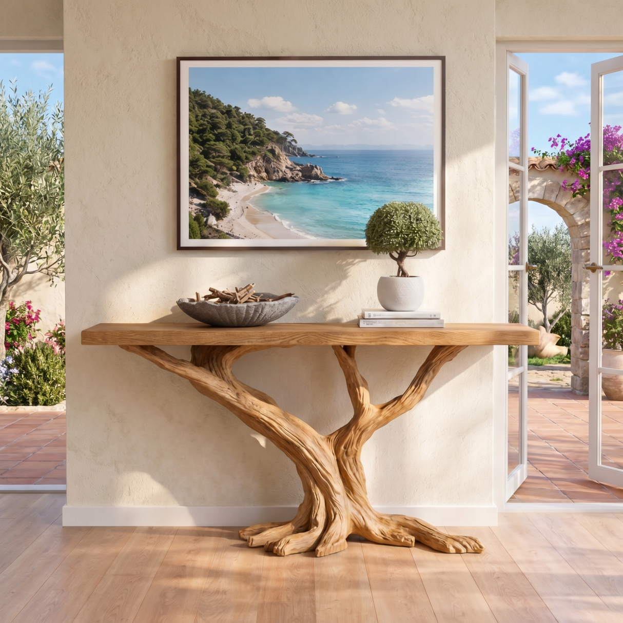 Console Table Solid Wood with Forked Branch Base for Entryway Decor