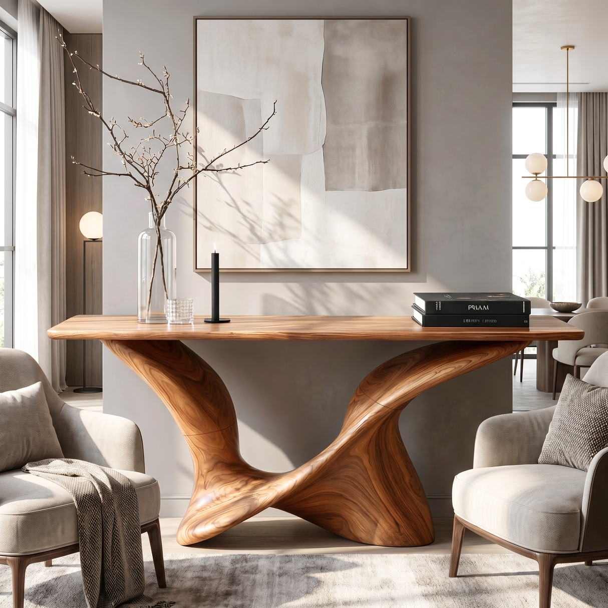 Solid Wood Console Table with Sculpted Curved Base for Entryway Decor