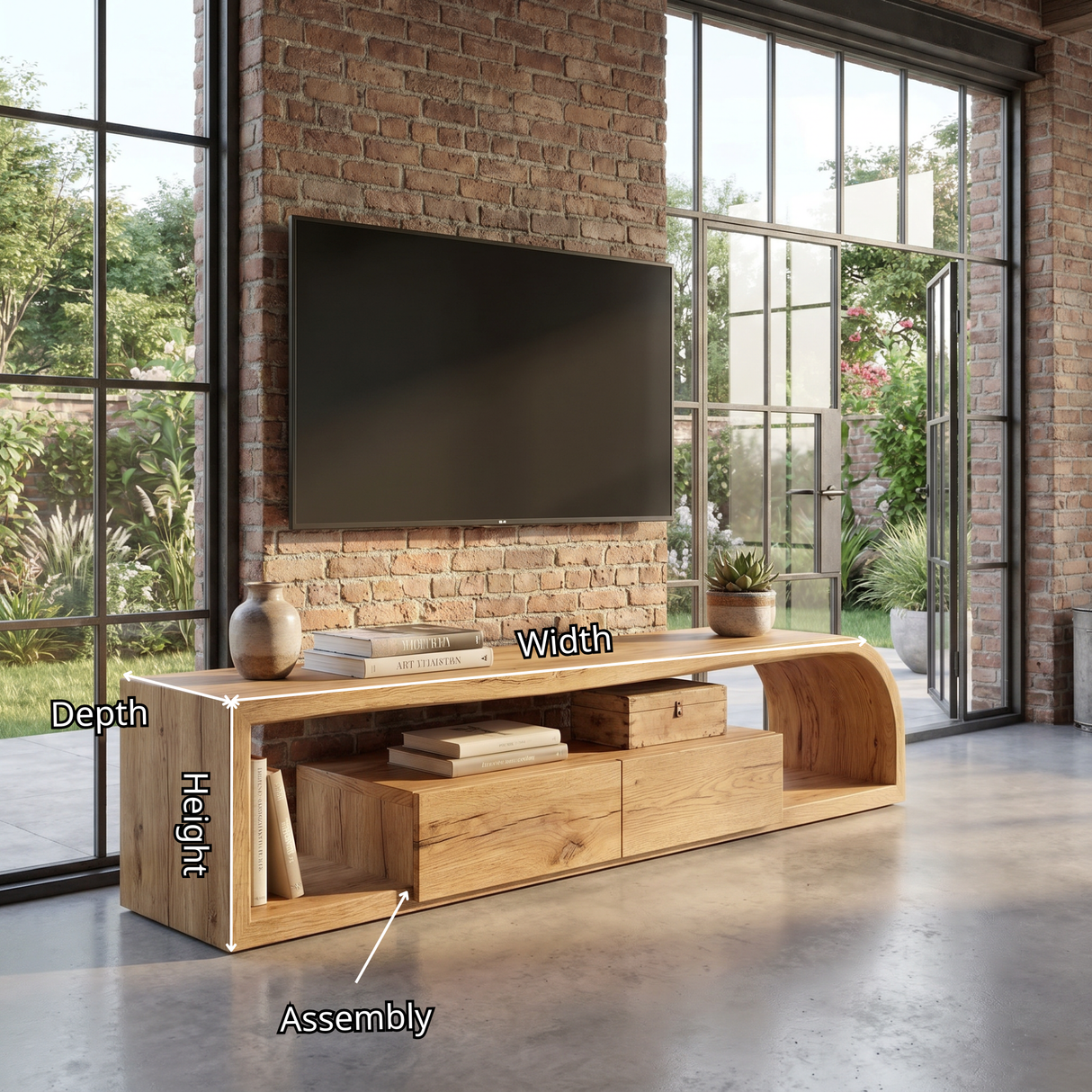 Curved Wood TV Cabinet with Open Shelving, Rustic Modern Media Console for Mediterranean Living Rooms