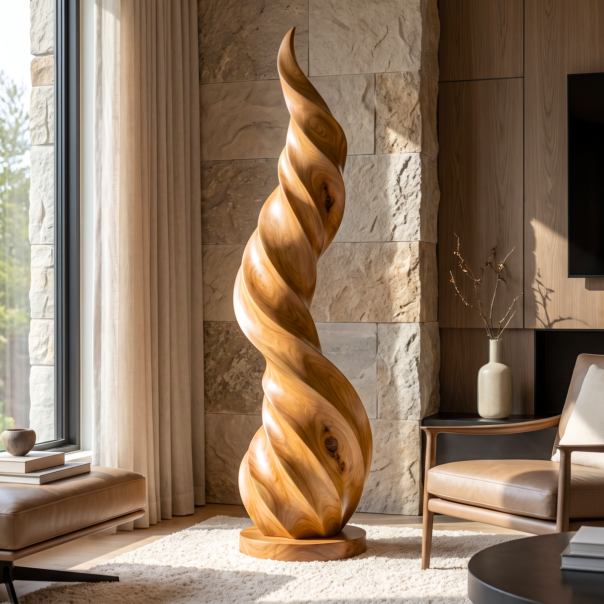 Tall Solid Wood Twisted Flame Sculpture for Entryways and Modern Spaces